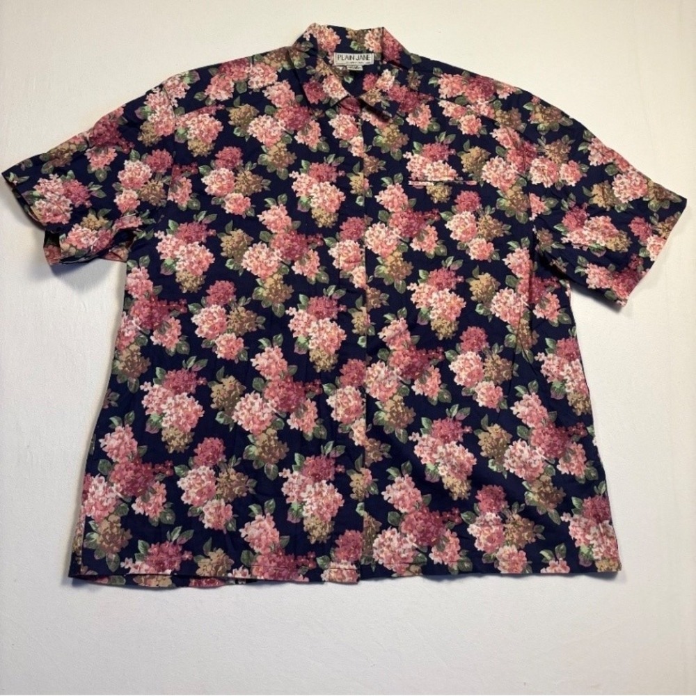Plain Jane Women's Floral Cotton Button Up Blouse Navy 11/12 Short Sleeve